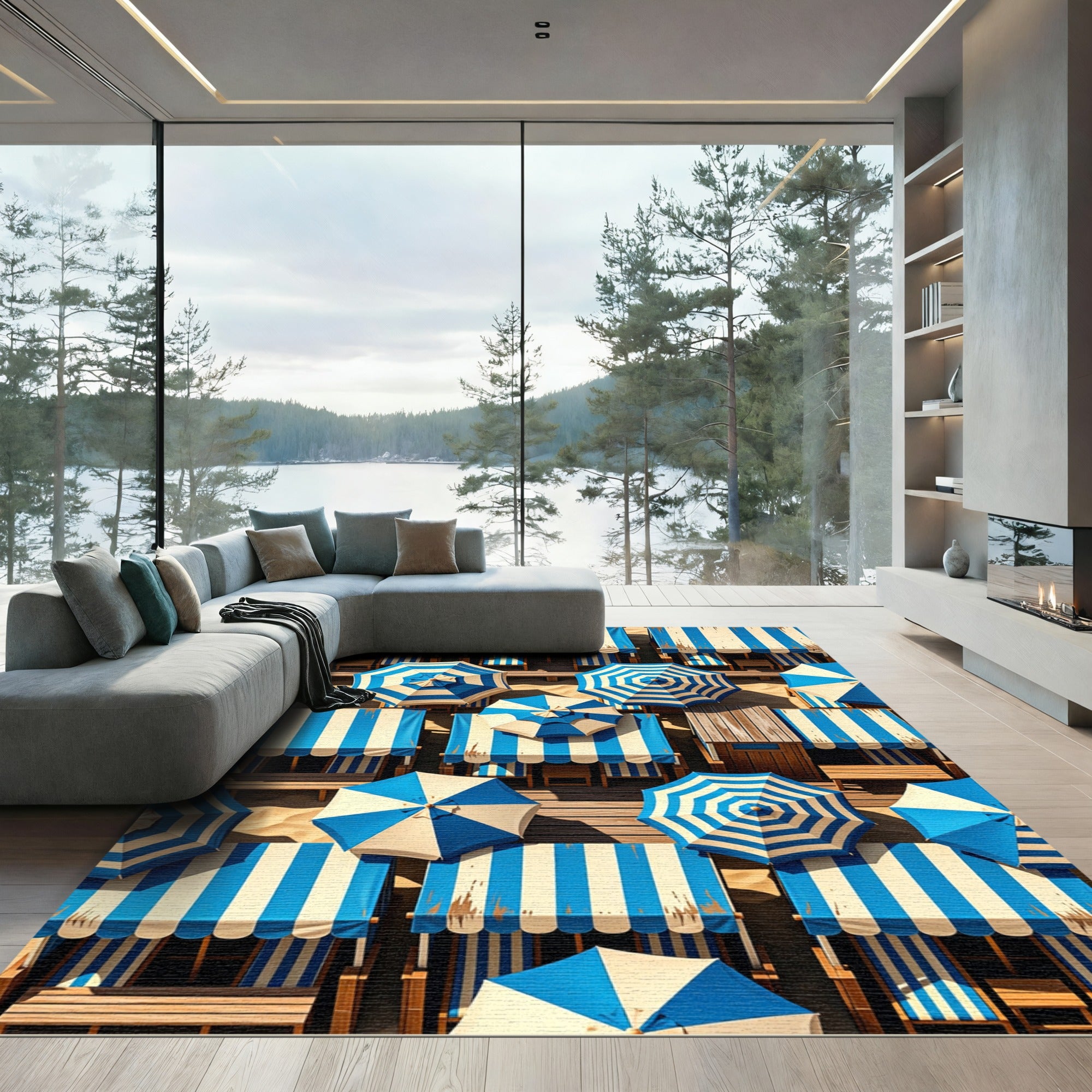 Coastal Blue White Striped Parasol Collage Rug