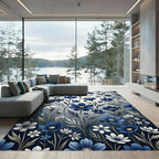 Elegant Indigo White Floral Botanical Rug