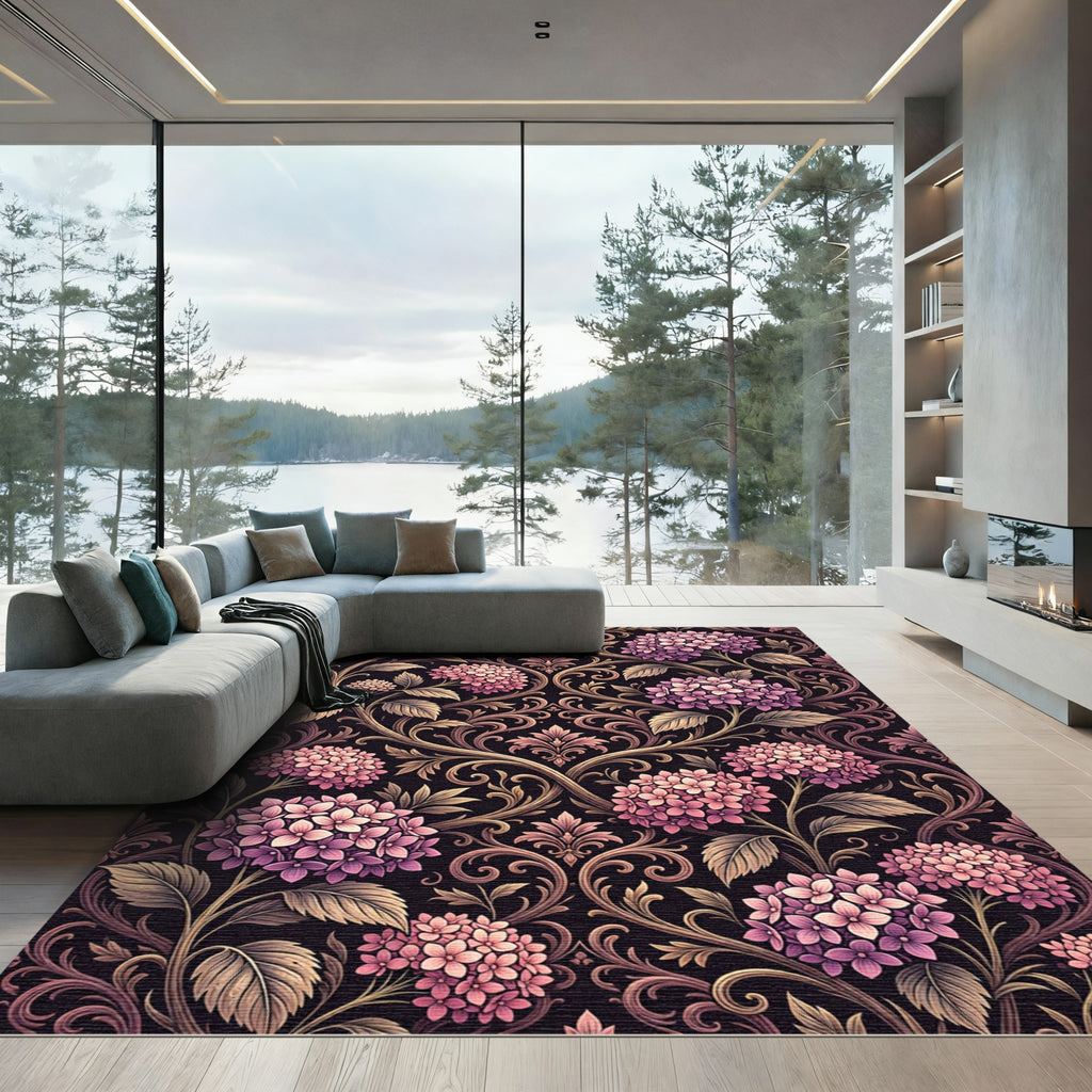 Elegant Plum Hydrangea Victorian Scroll Rug
