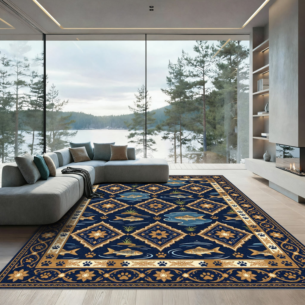 Golden Fish and Paw Botanical Medallion Rug