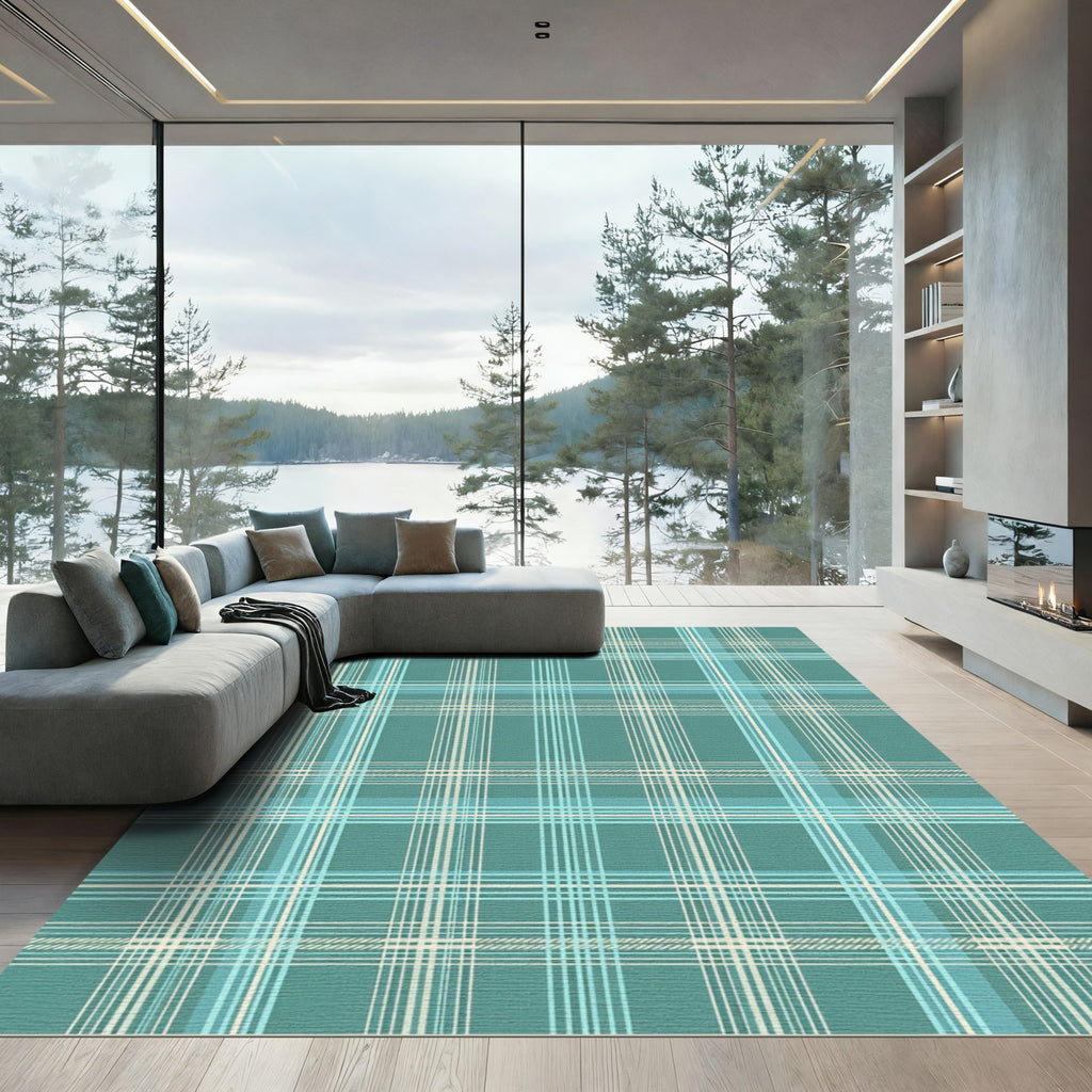 Teal and Cream Plaid Check Grid Rug