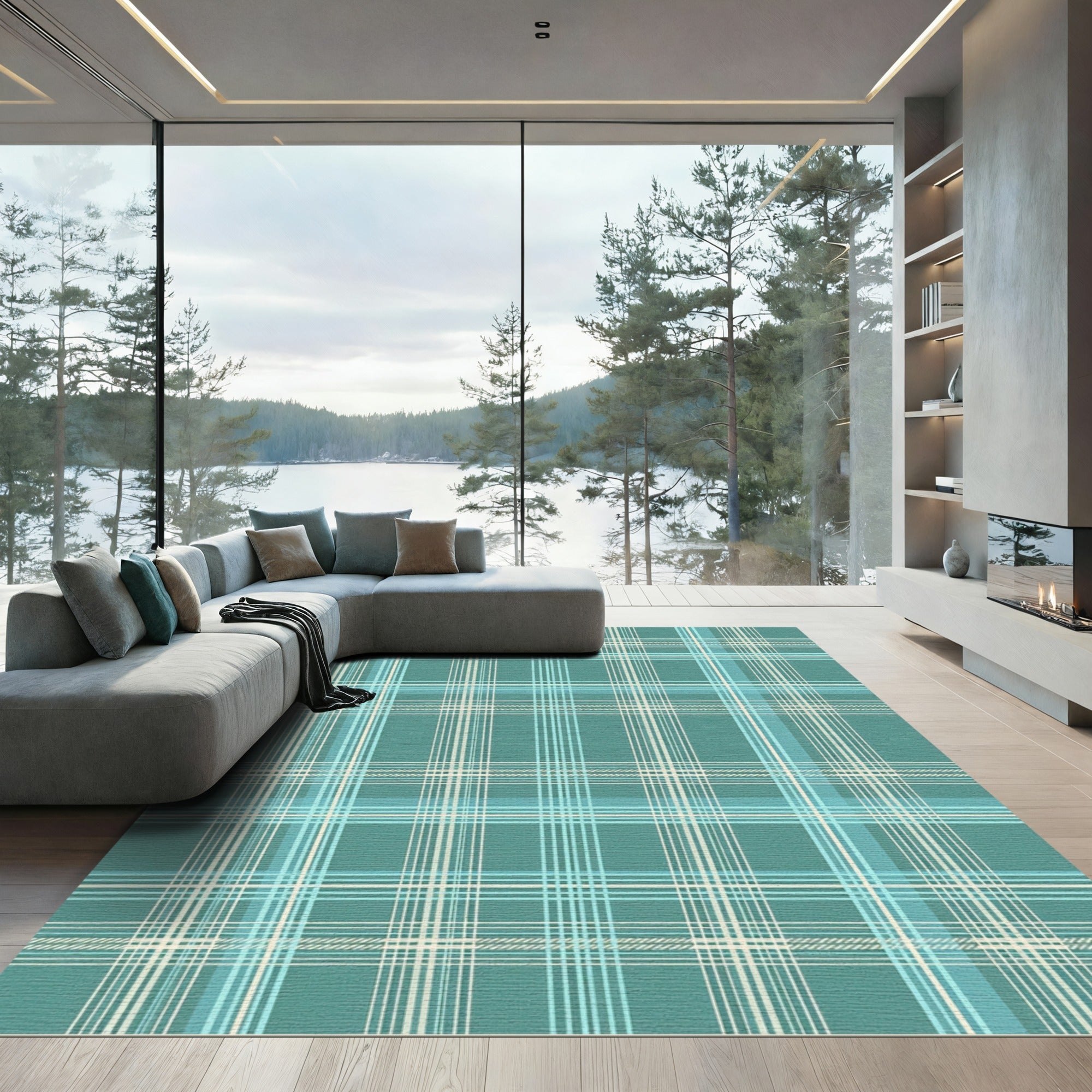 Teal and Cream Plaid Check Grid Rug
