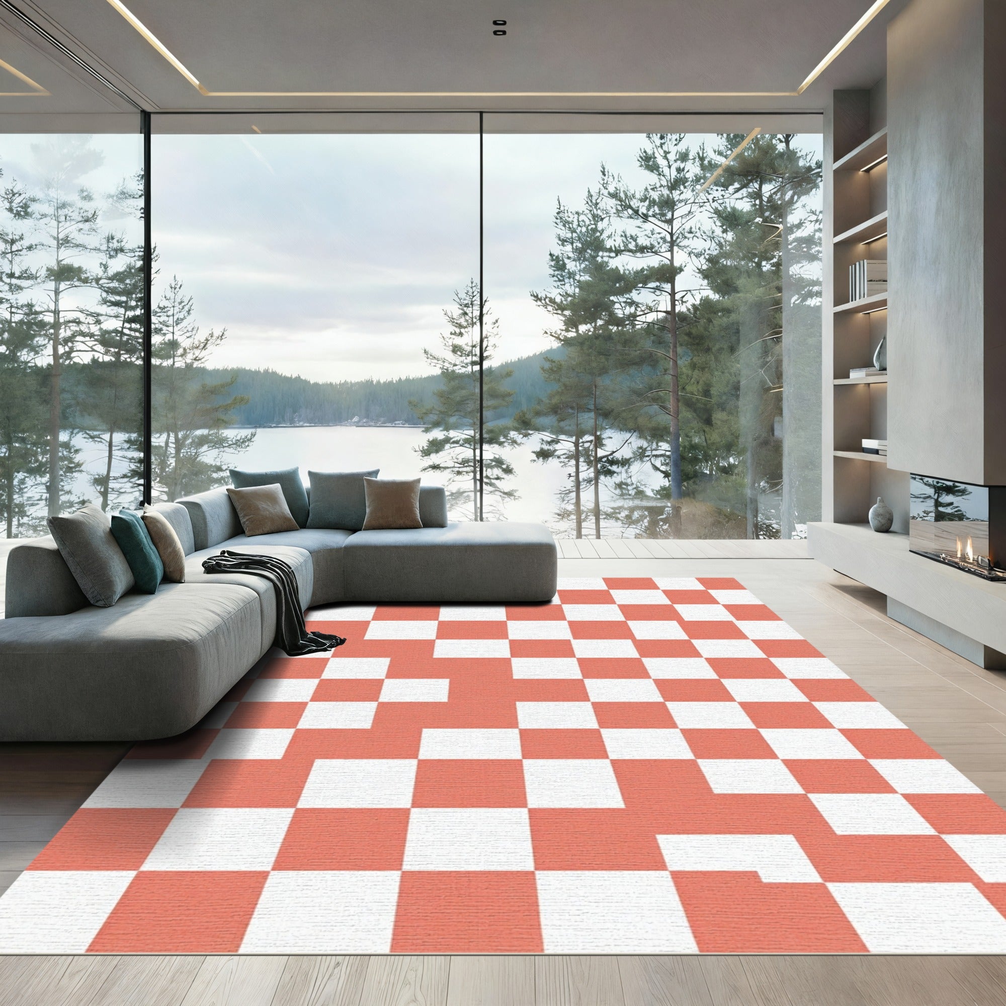 Coral White Modern Abstract Checkerboard Rug