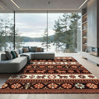 Earthy Terracotta Folk Floral Animal Stripe Rug