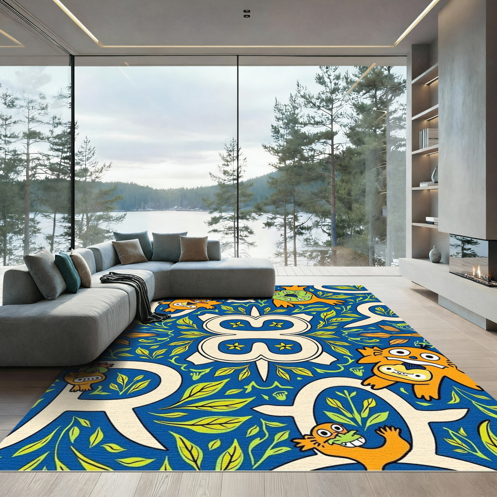 Whimsical creatures blue foliage repeat Rug