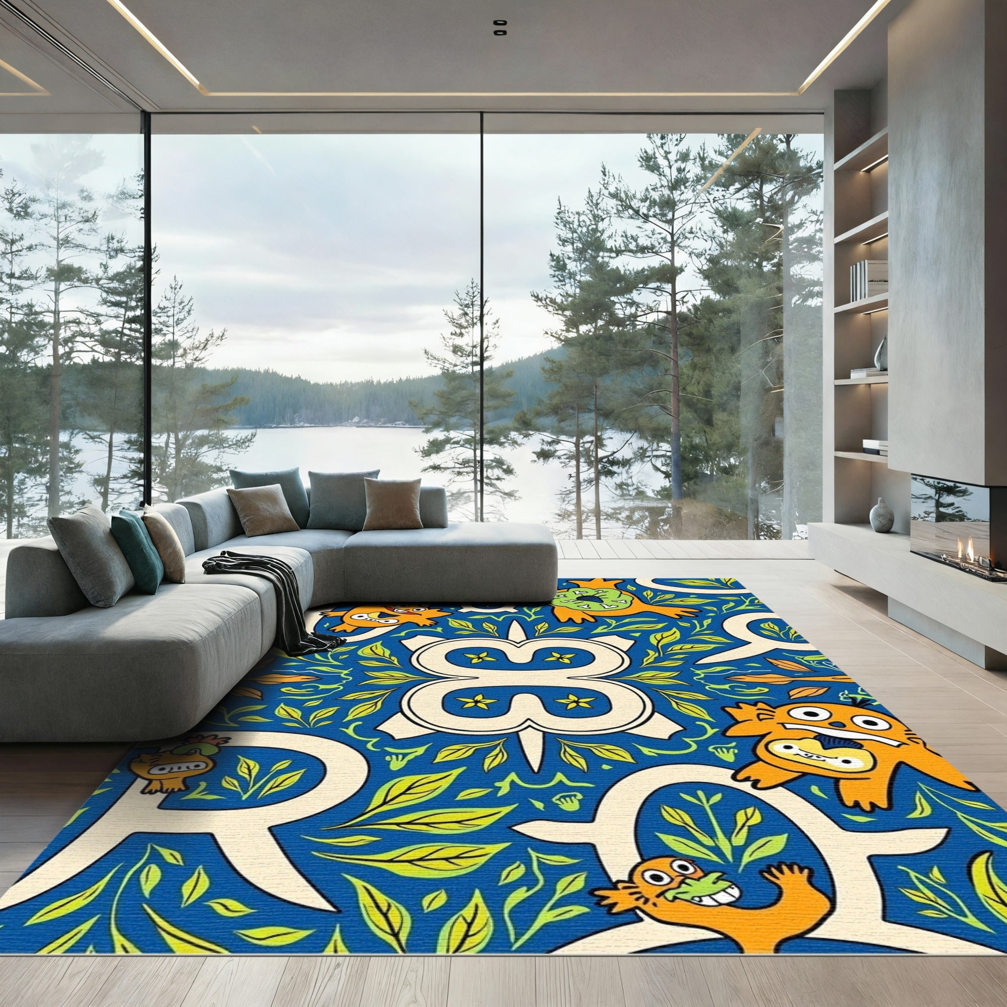 Whimsical creatures blue foliage repeat Rug
