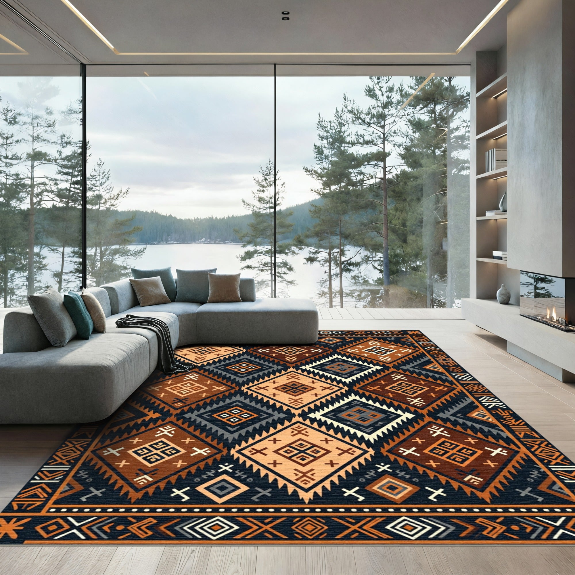 Earthy Geometric Diamond Boho Area Rug