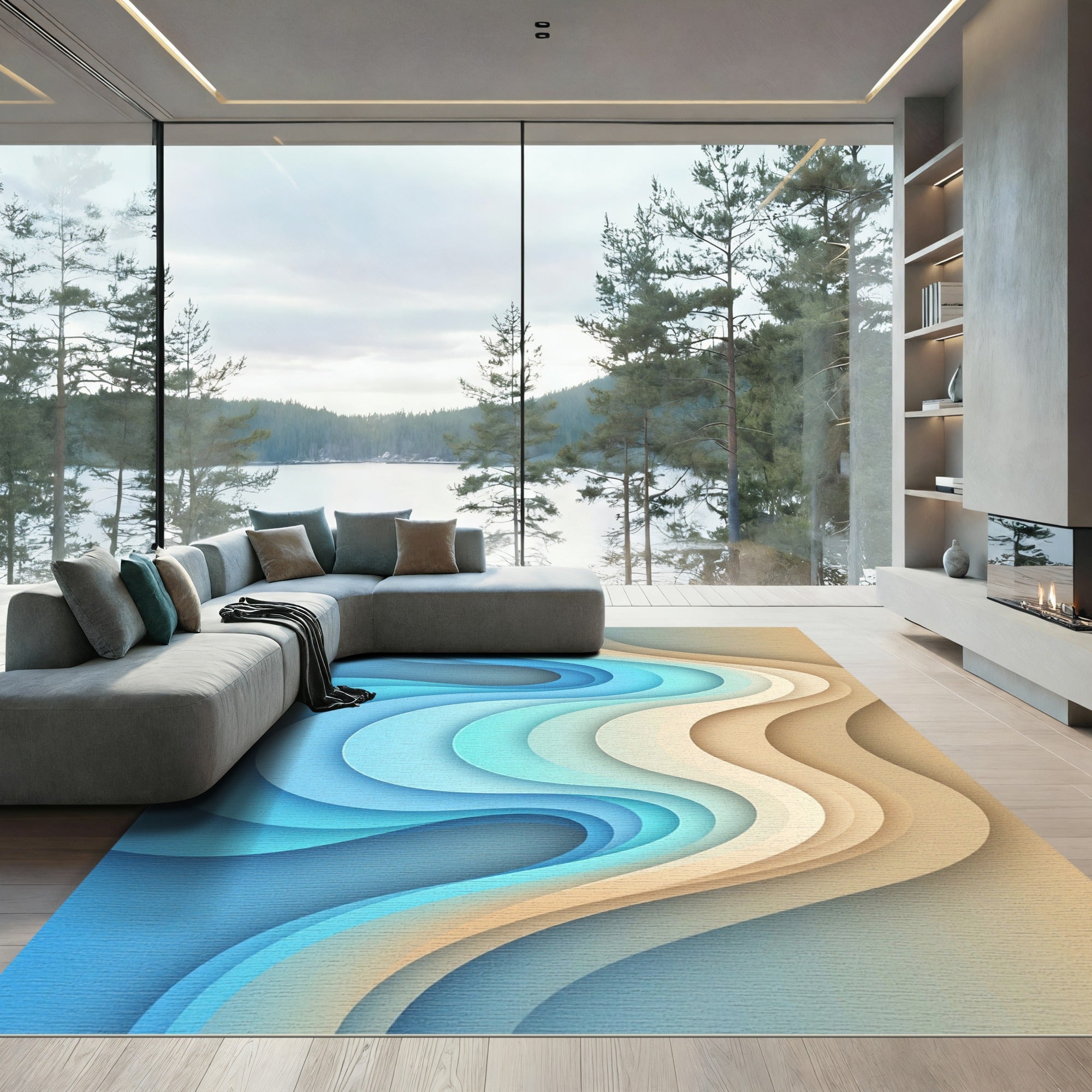 Abstract Blue and Sand Swirling Layers Rug