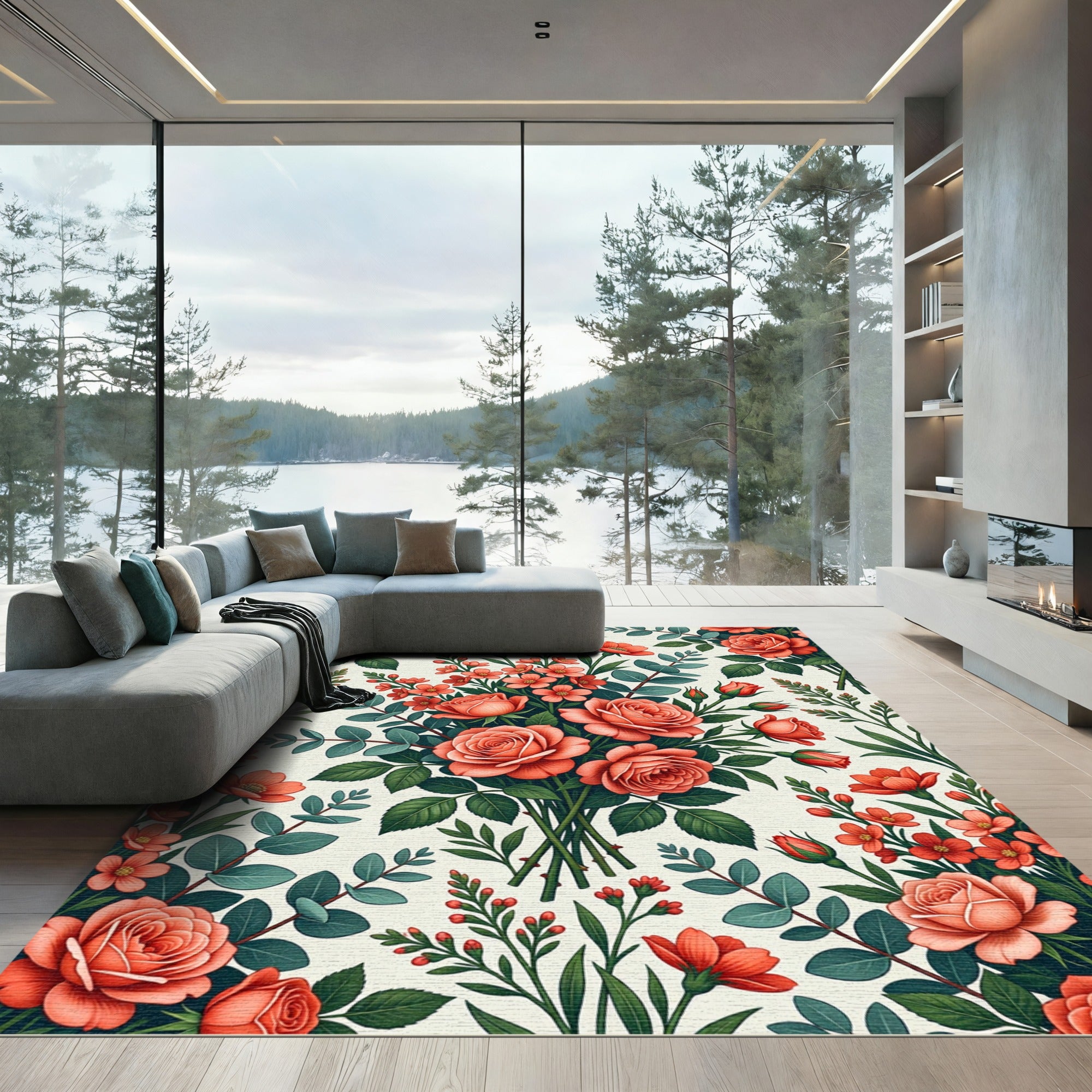 Romantic Coral Rose Floral Bouquet Rug