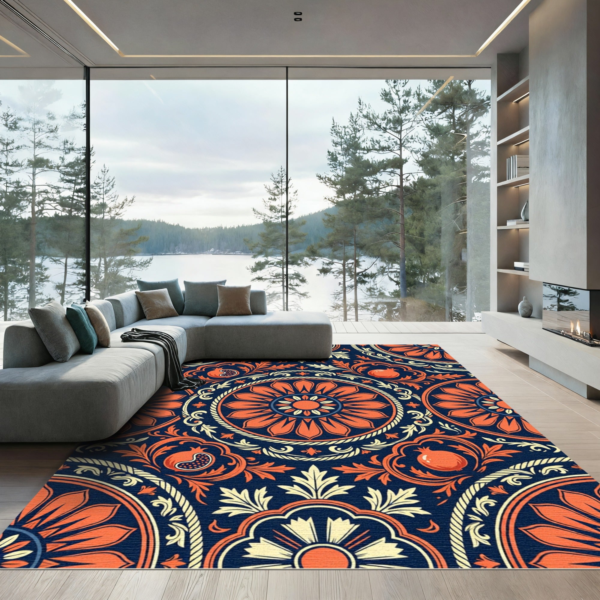 Midnight Orange Pomegranate Floral Medallion Rug