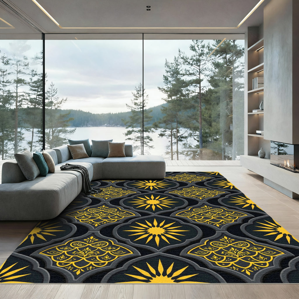 Golden Sun Radiance Onyx Dark Damask Rug