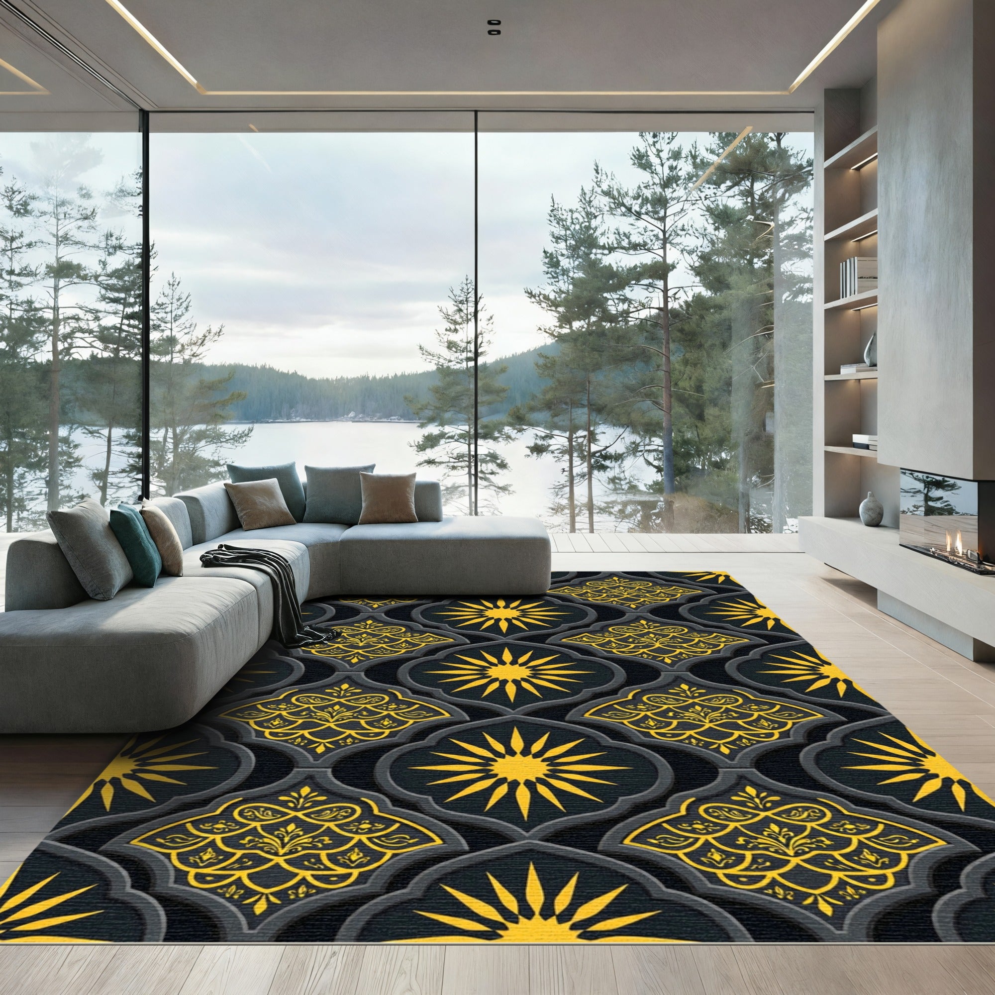 Golden Sun Radiance Onyx Dark Damask Rug