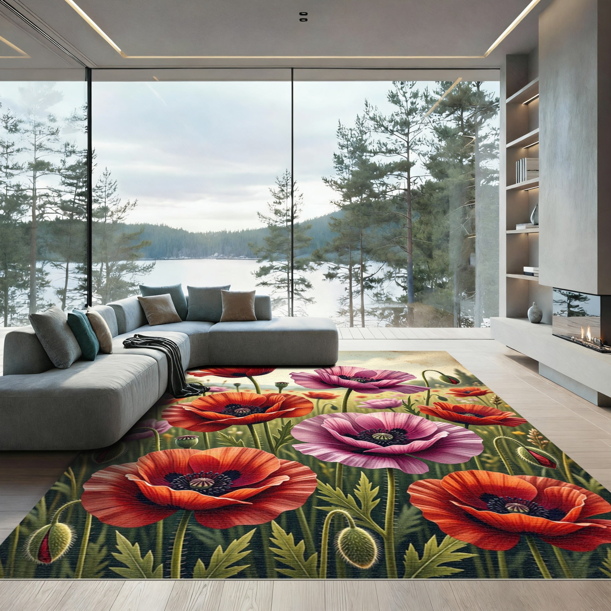 Vibrant Red and Purple Poppies Meadow Rug