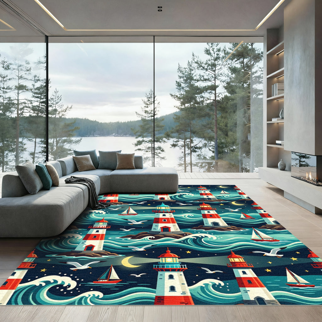 Nautical Lighthouse Nightscape with Sea Waves Rug