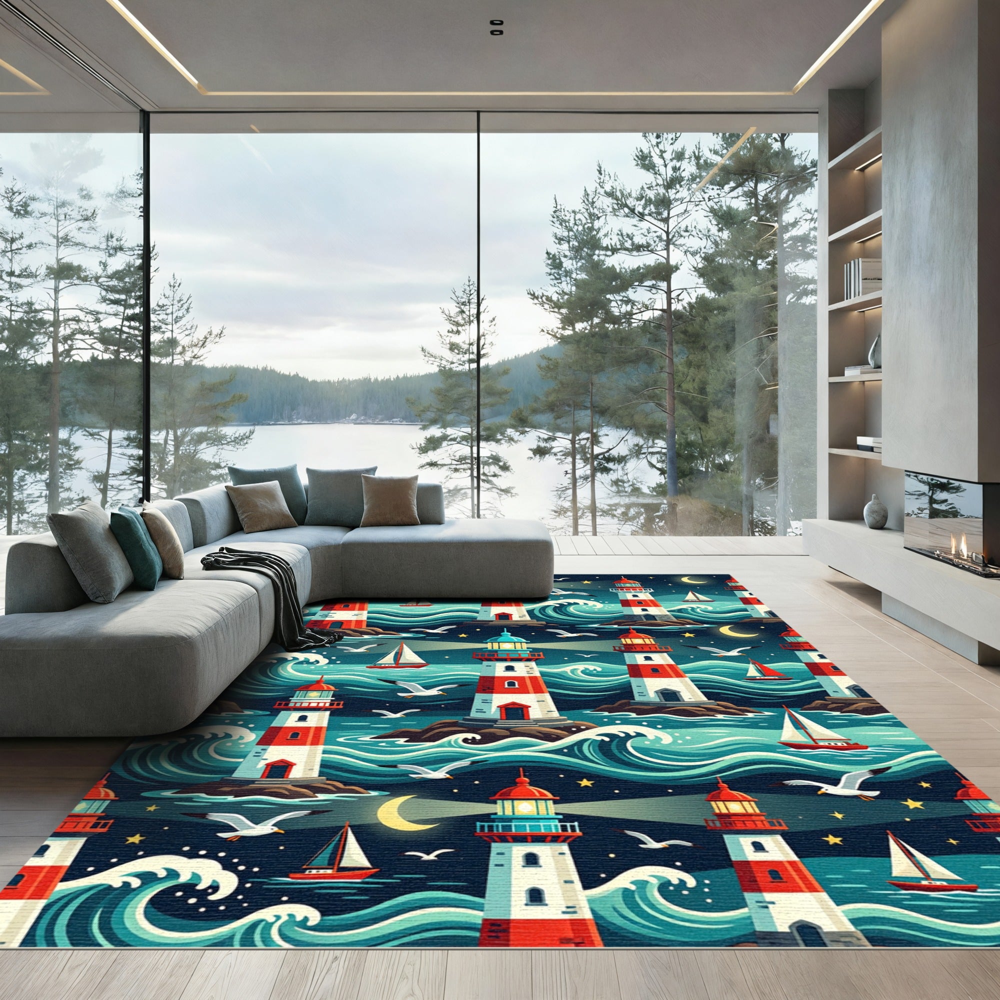 Nautical Lighthouse Nightscape with Sea Waves Rug