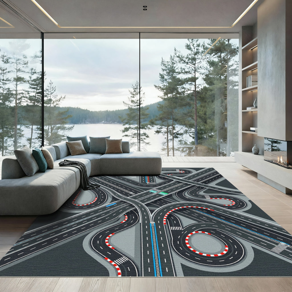 Modern Gray Expressway Intersection Graphic Rug