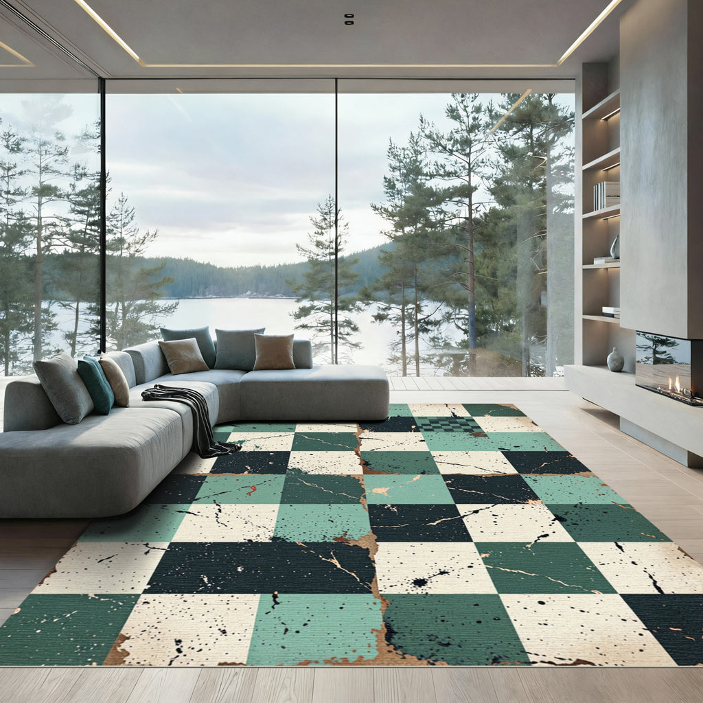 Green Black Cream Checkered Splatter Rug