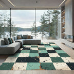 Green Black Cream Checkered Splatter Rug