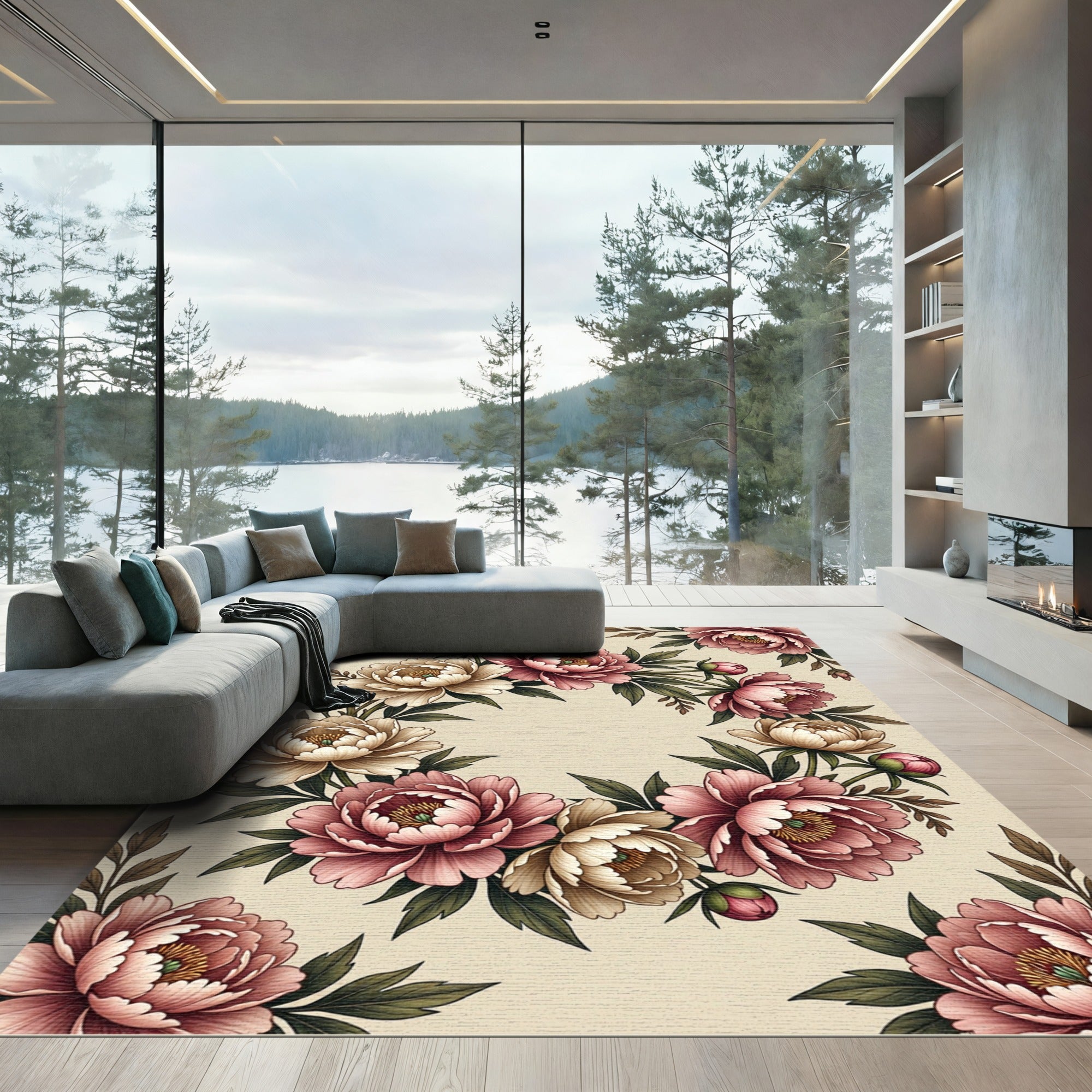 Lush Pink Beige Floral Wreath Rug