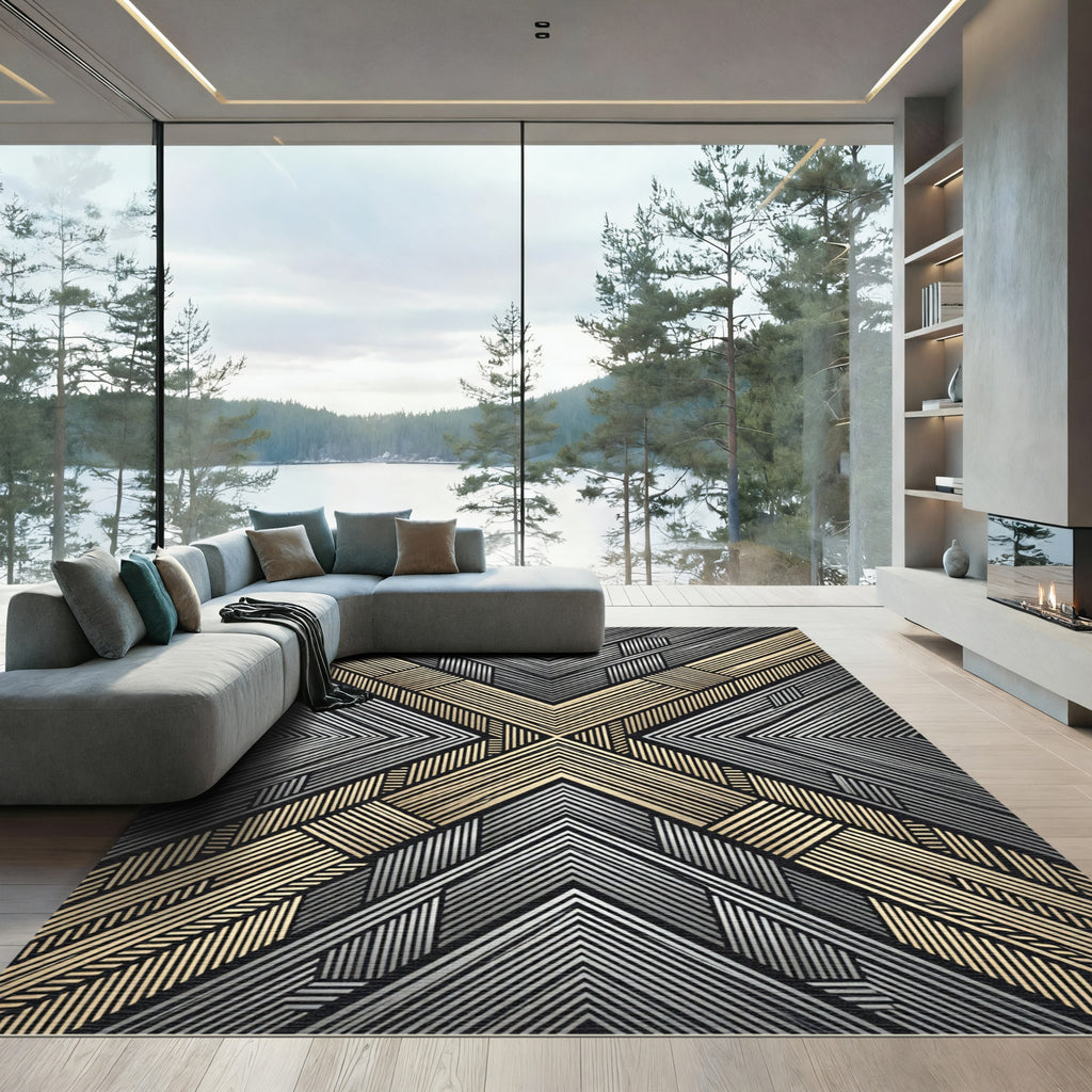 Gold Silver Linear Chevron Geometric Rug