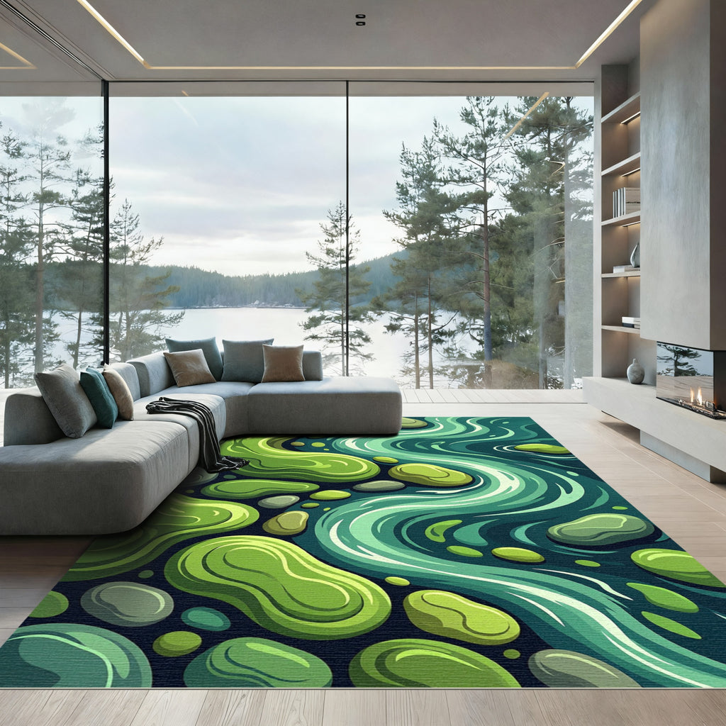 Emerald River Stones Abstract Scene Rug