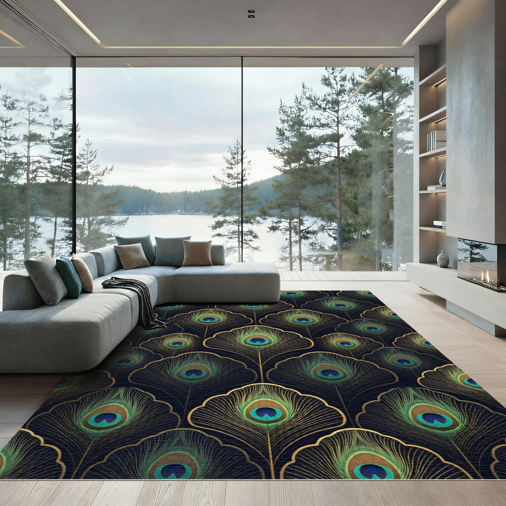 Gold Peacock Feather Art Deco Rug