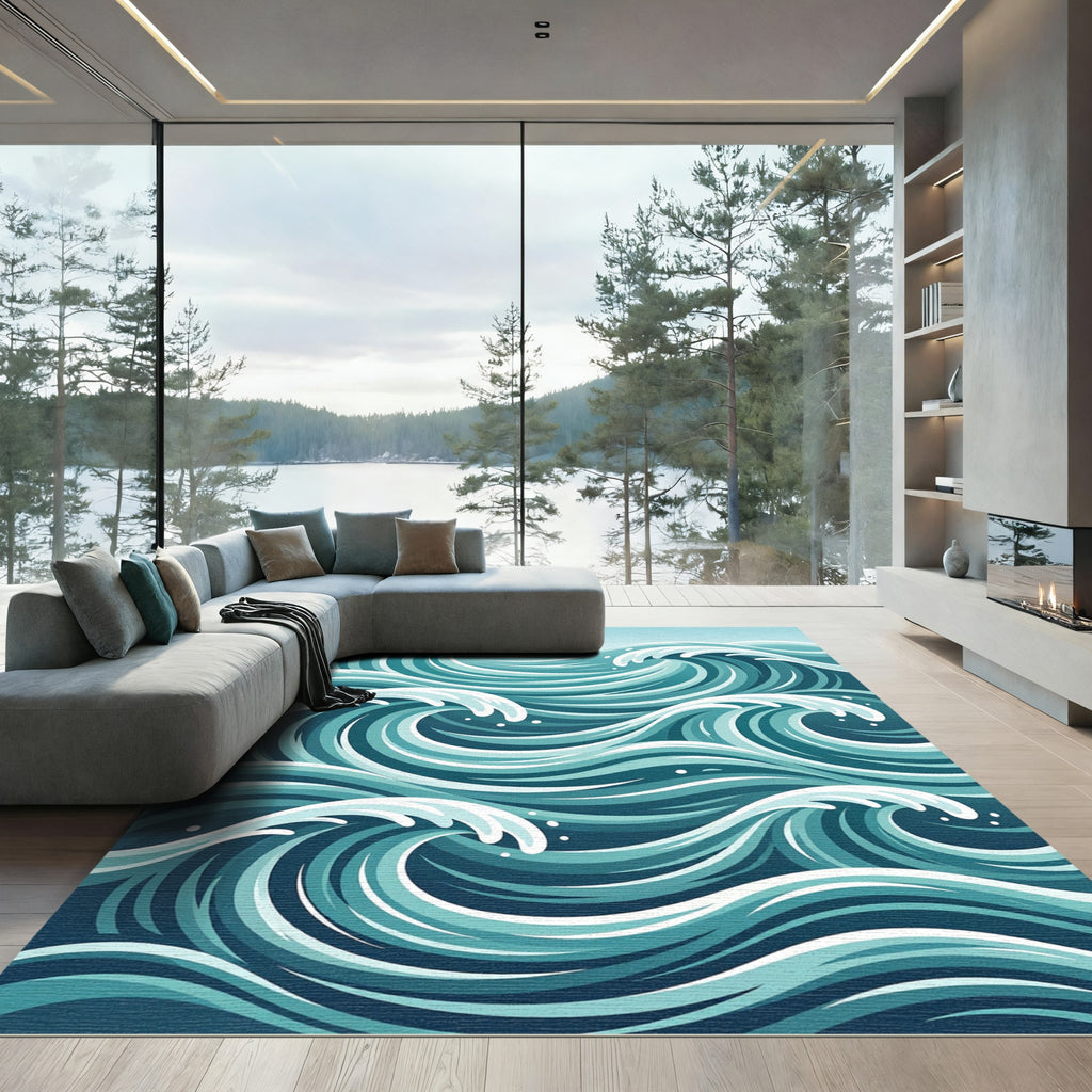 Abstract Teal Ocean Tidal Wave Art Rug
