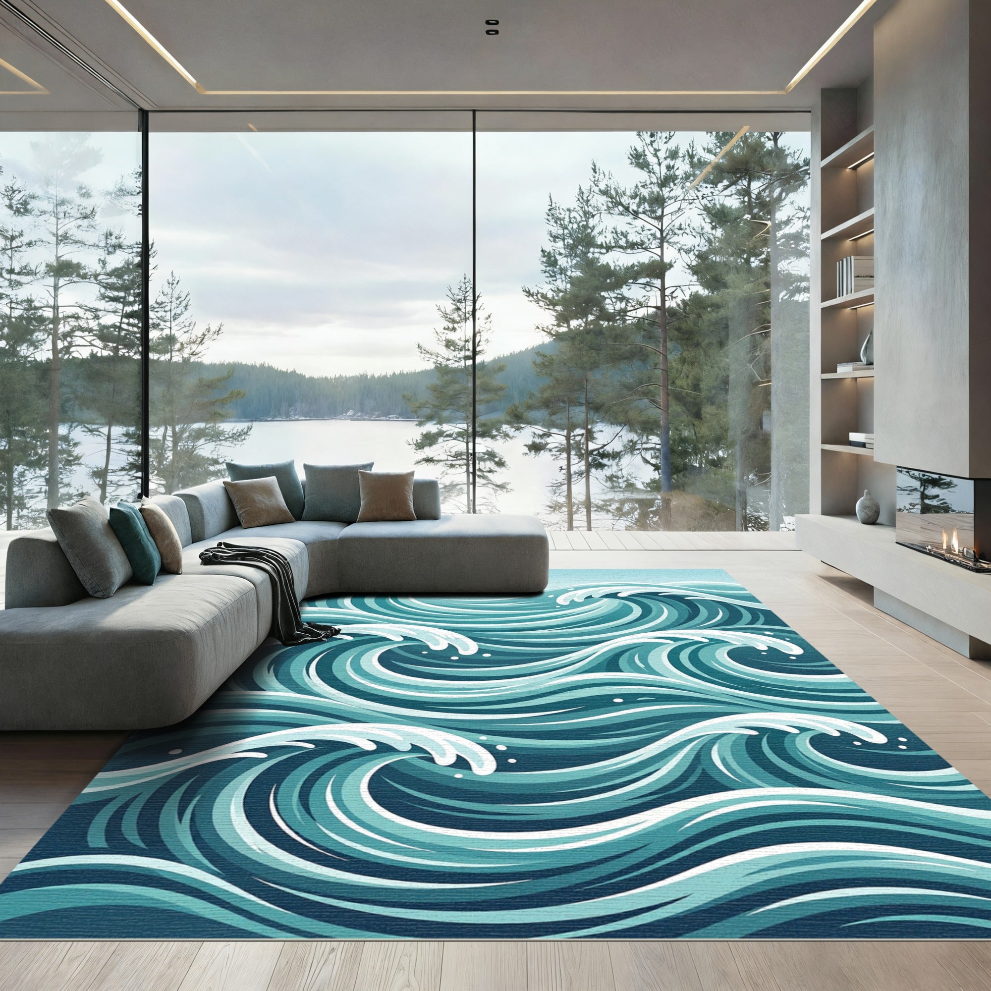 Abstract Teal Ocean Tidal Wave Art Rug