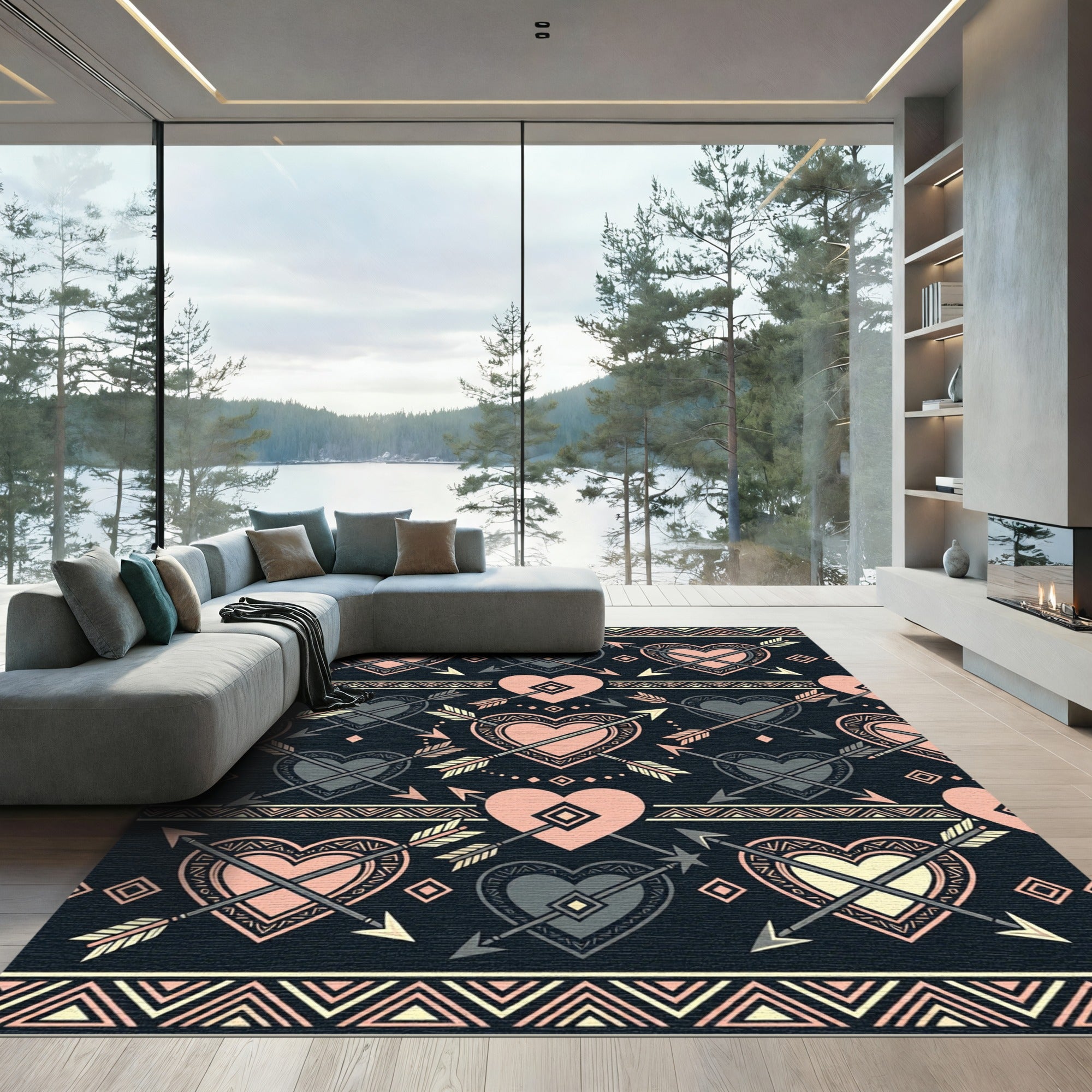 Tribal Arrow Heart Pink Black Rug