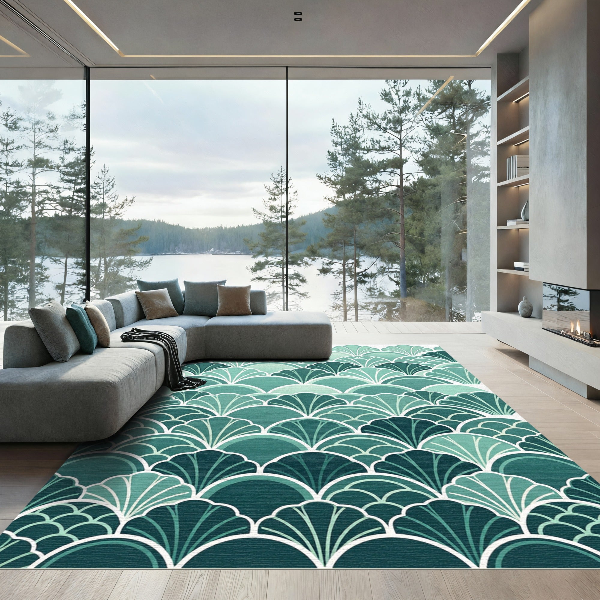 Teal Art Deco Fan Scale Arch Rug