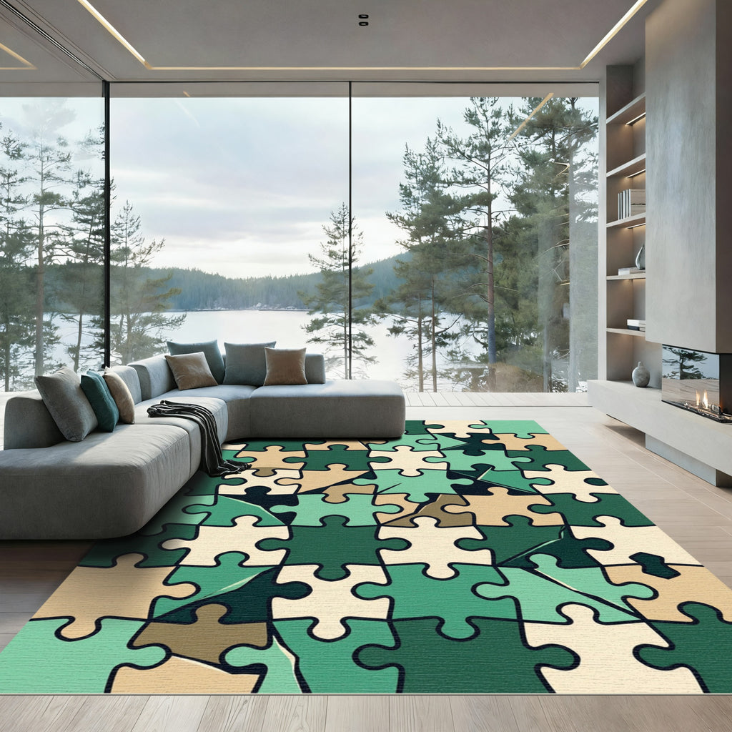 Abstract Green Jigsaw Puzzle Tile Rug