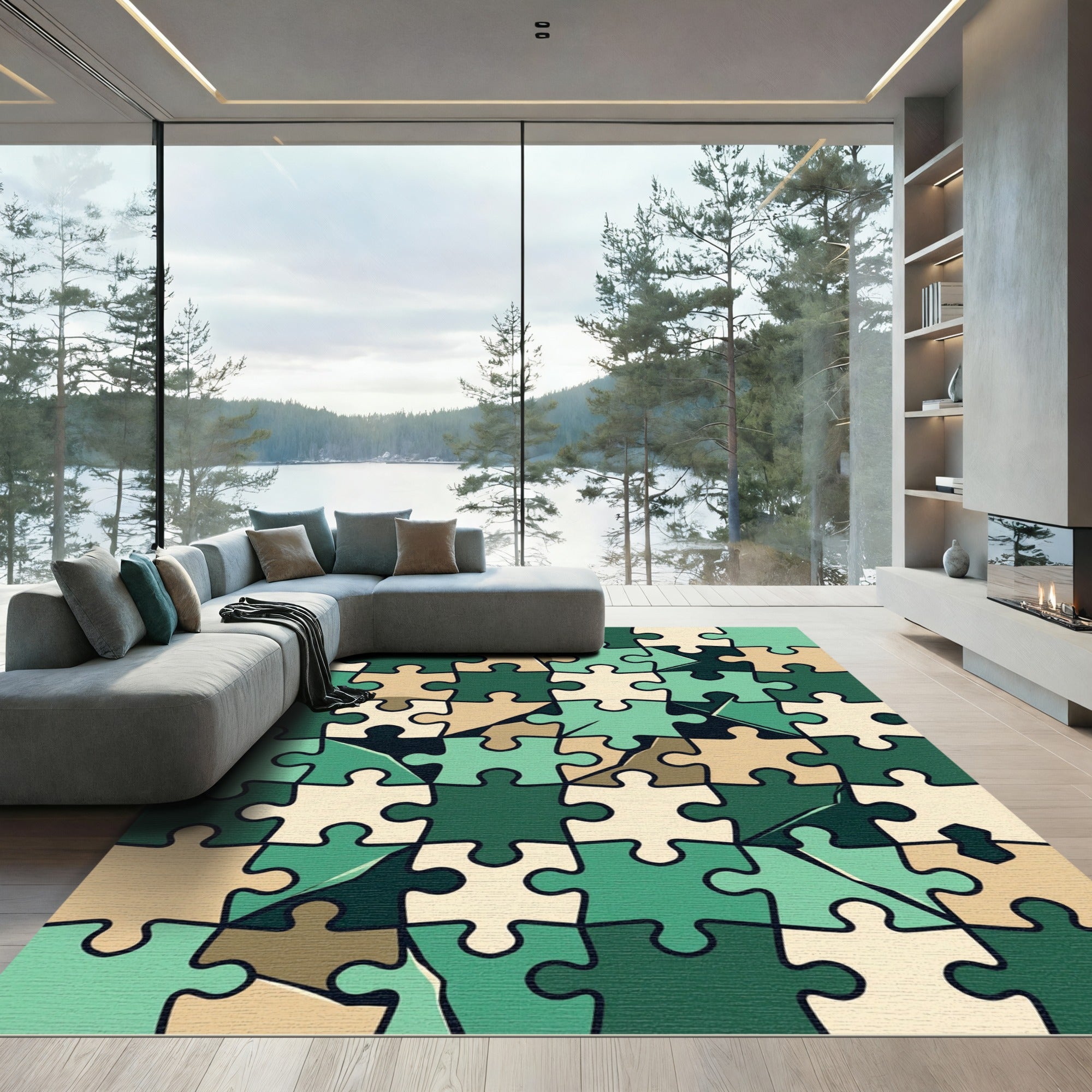 Abstract Green Jigsaw Puzzle Tile Rug