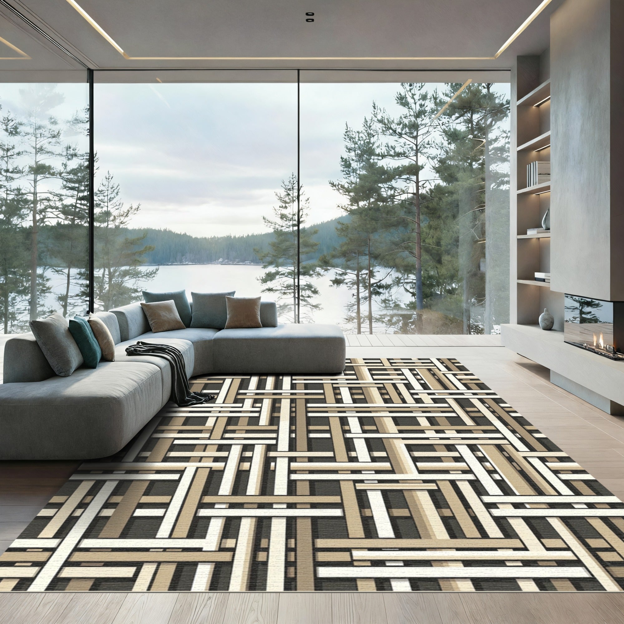Earthy Neutral Interlocking Woven Weave Rug