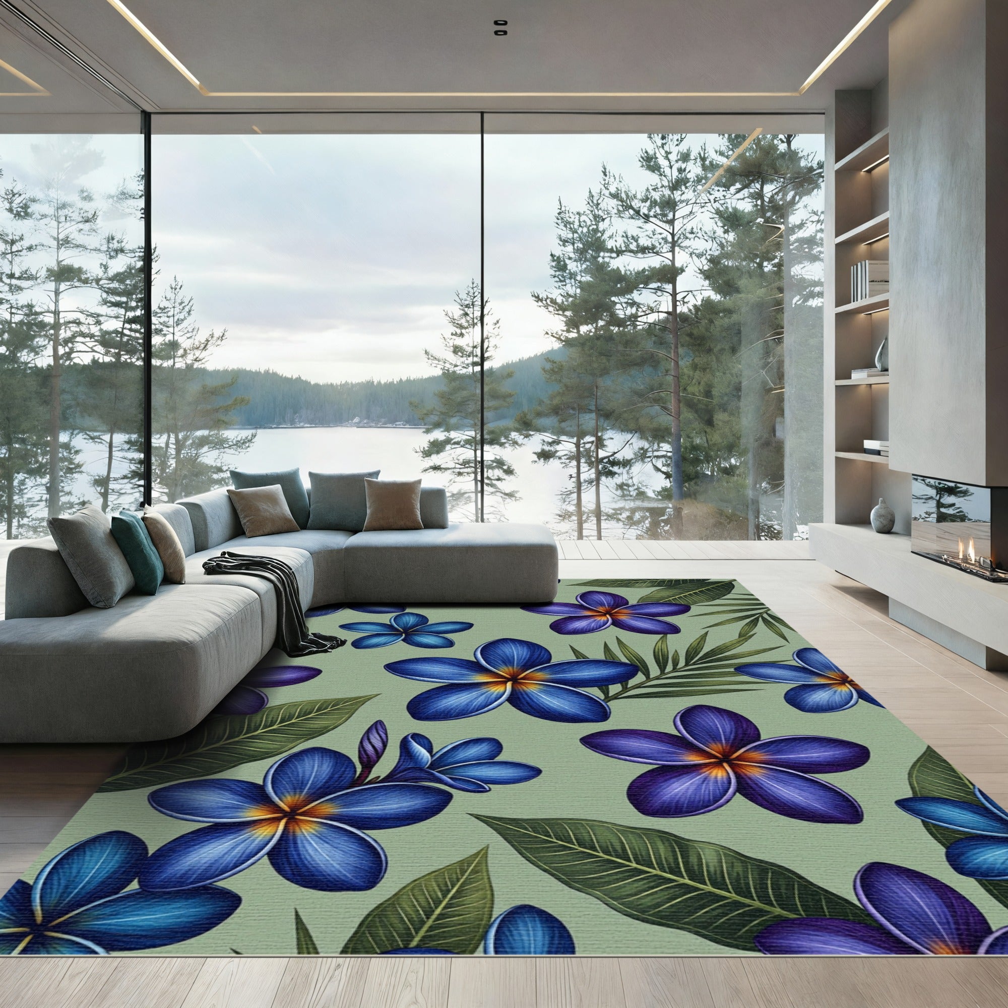 Vibrant Blue Frangipani Tropical Foliage Rug