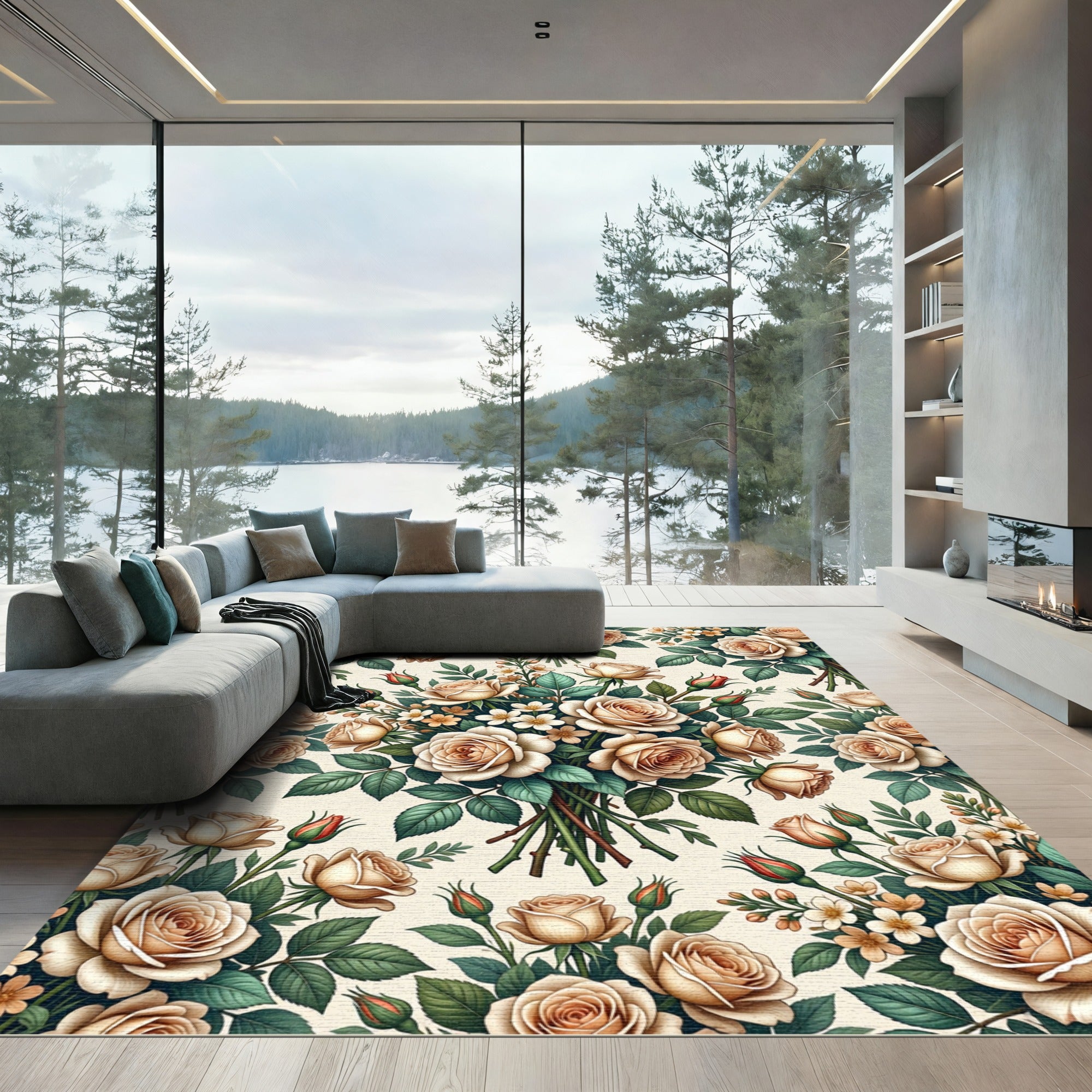 Elegant Cream Rose Bouquet Floral Rug