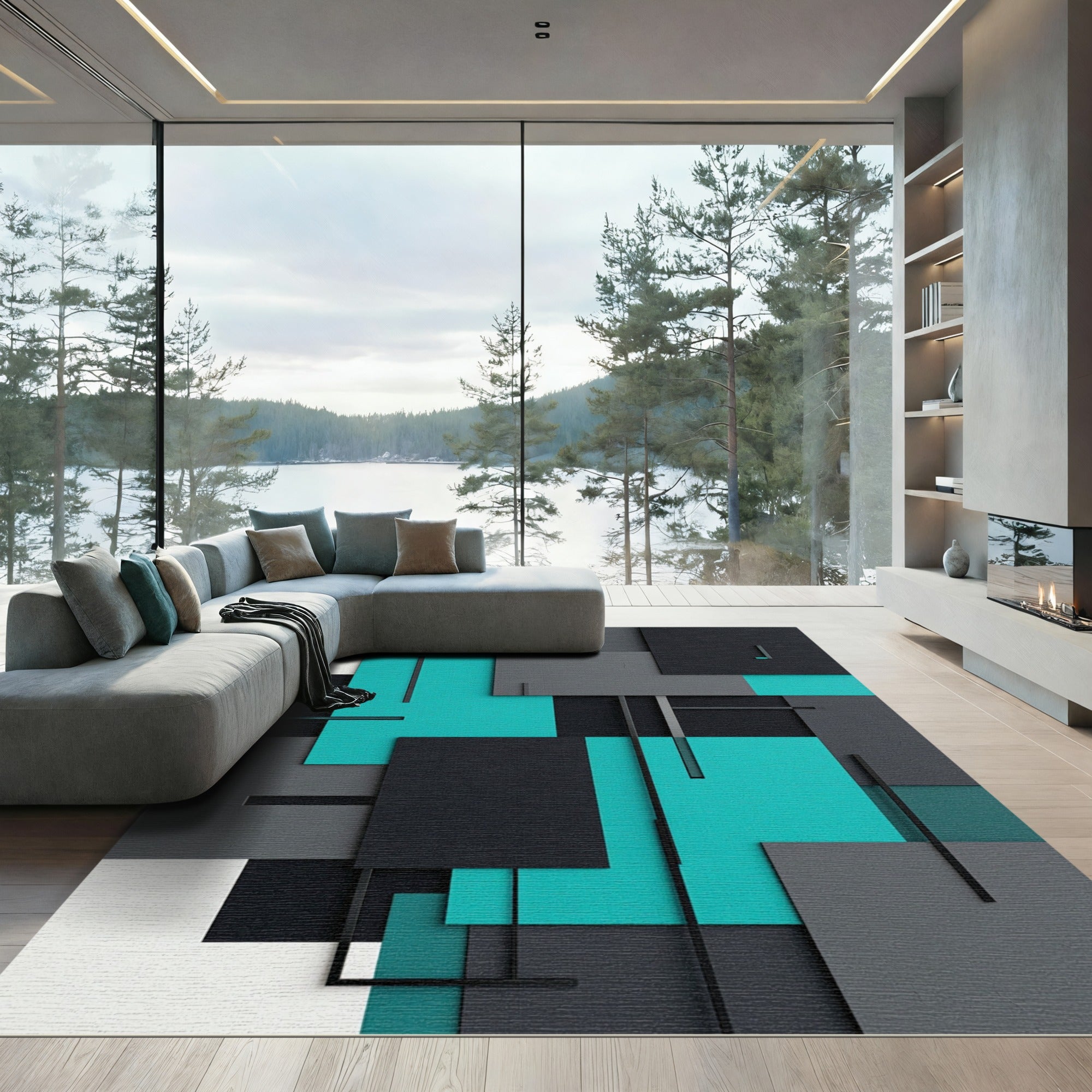 Modern Geometric Teal and Charcoal Composition Rug