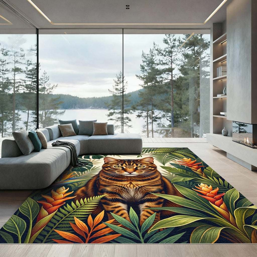Lush Tropical Tabby Cat Jungle Foliage Rug