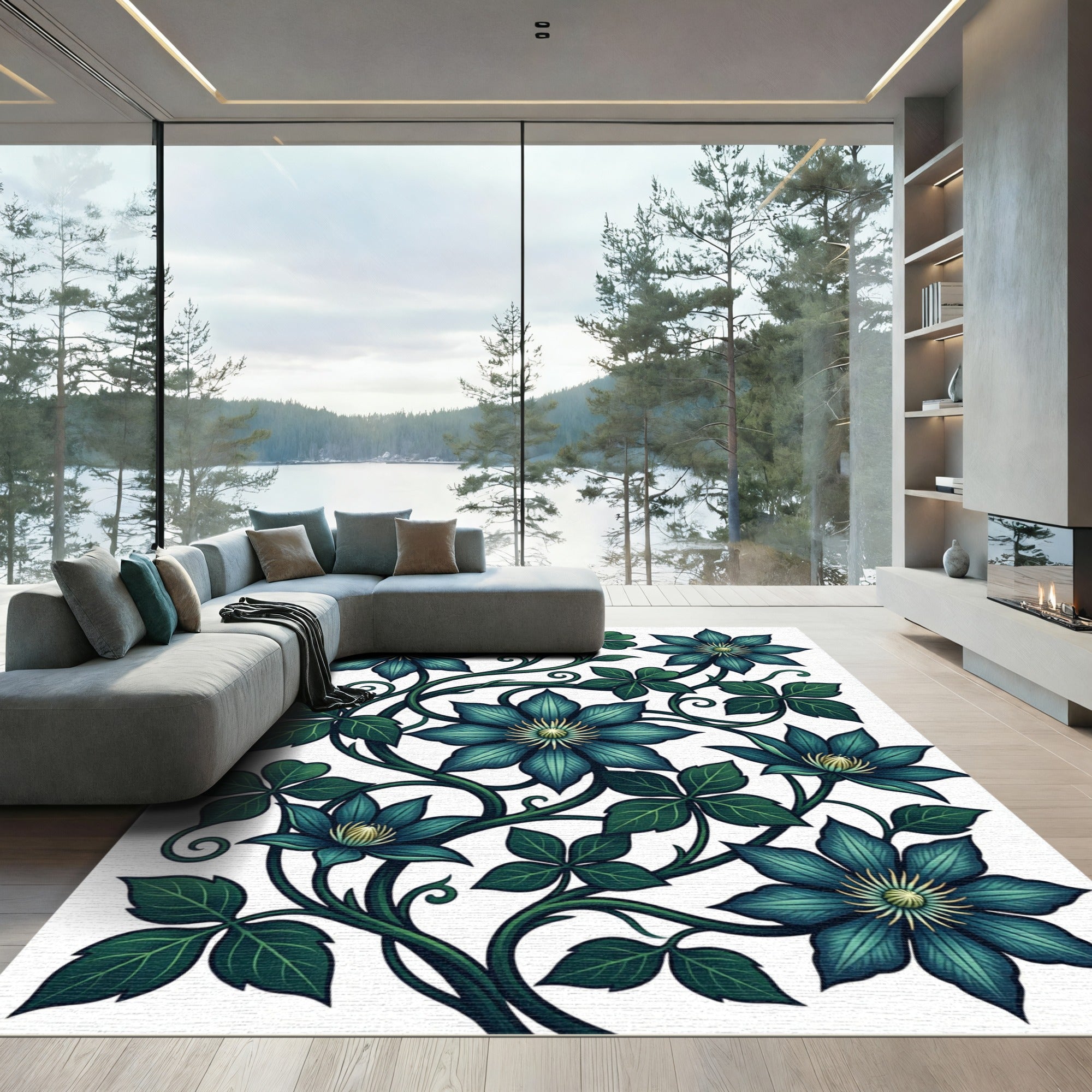 Deep Teal Floral Vine Art Rug