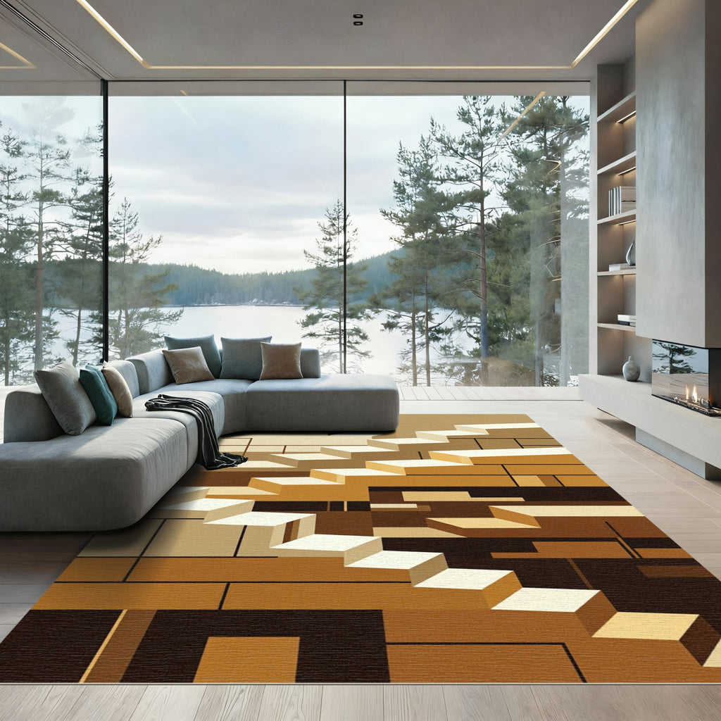 Brown Geometric Cubist Stairs Rug