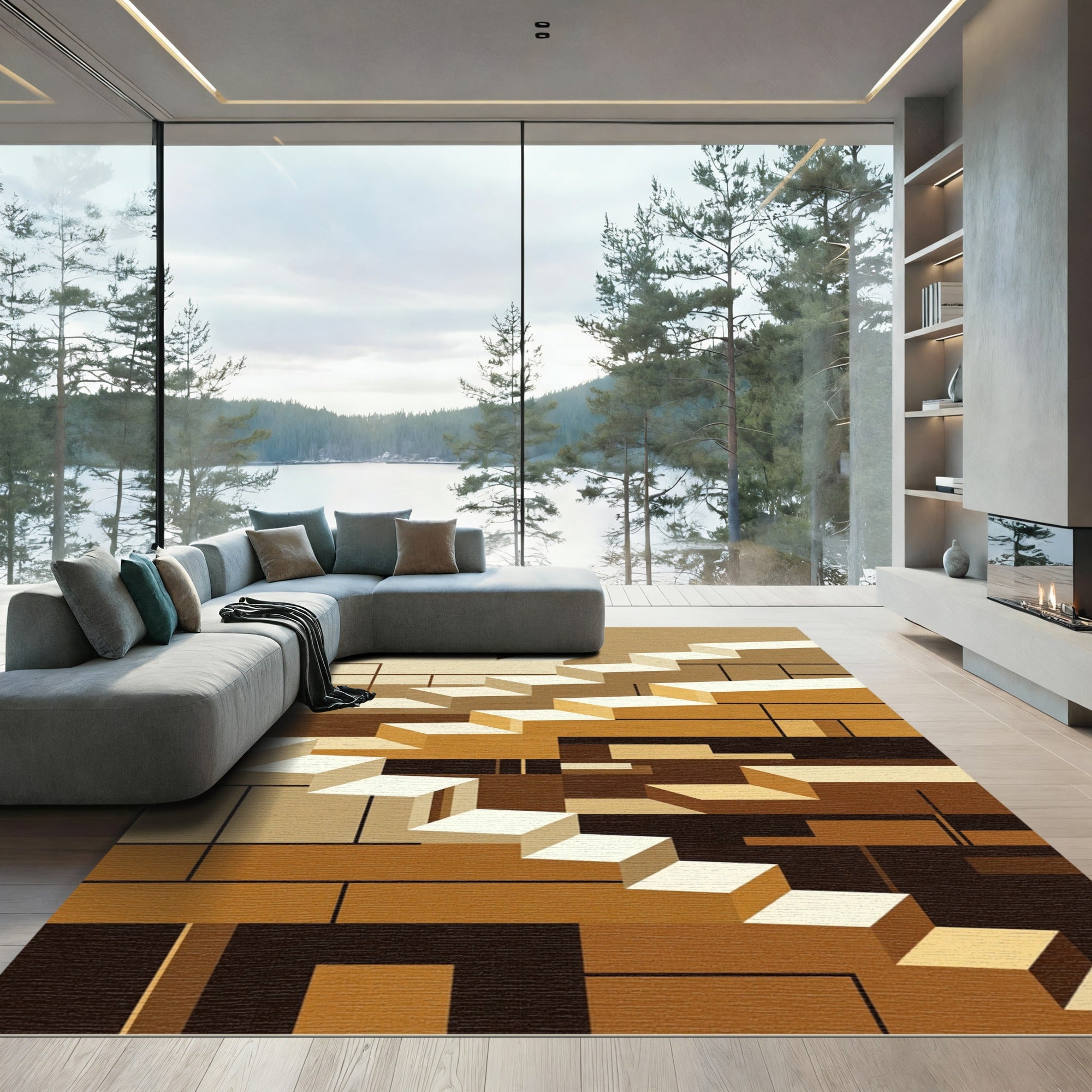 Brown Geometric Cubist Stairs Rug