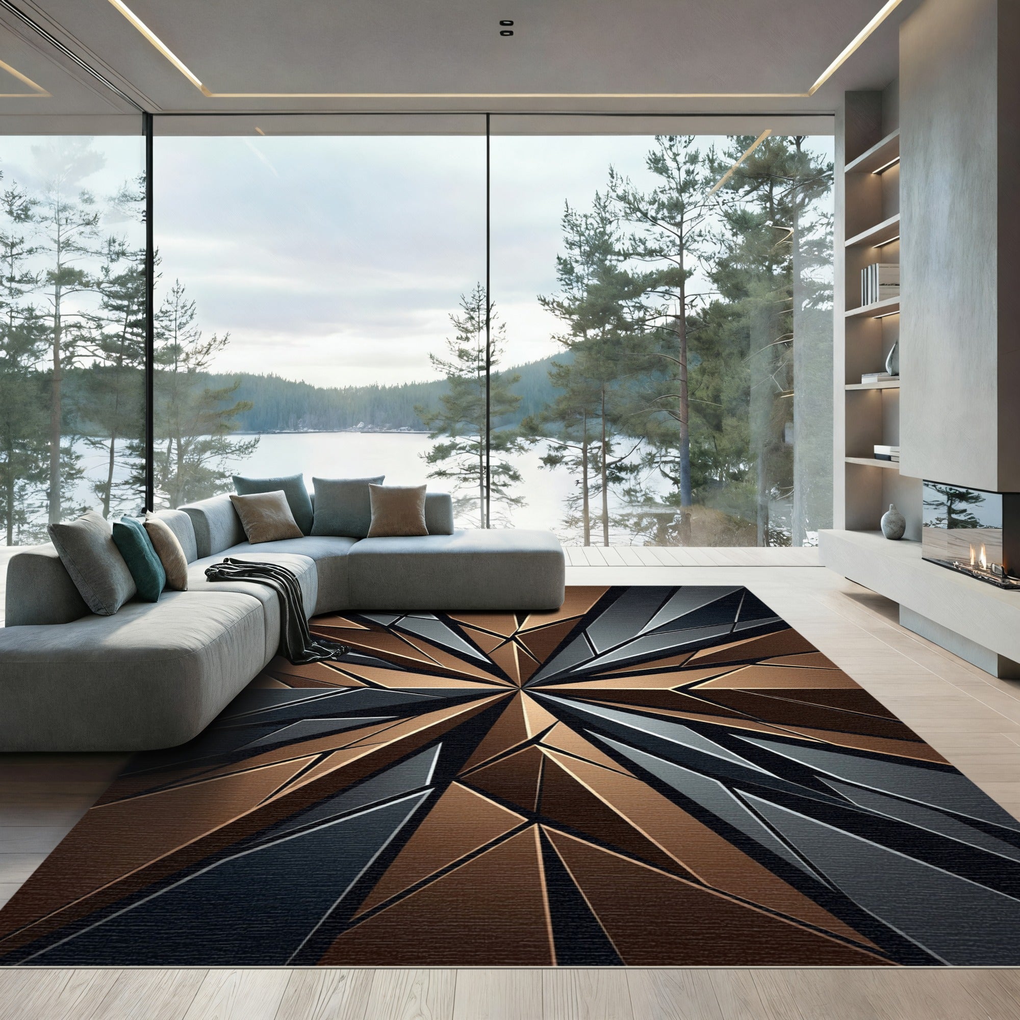 Metallic Bronze and Charcoal Geometric Star Rug