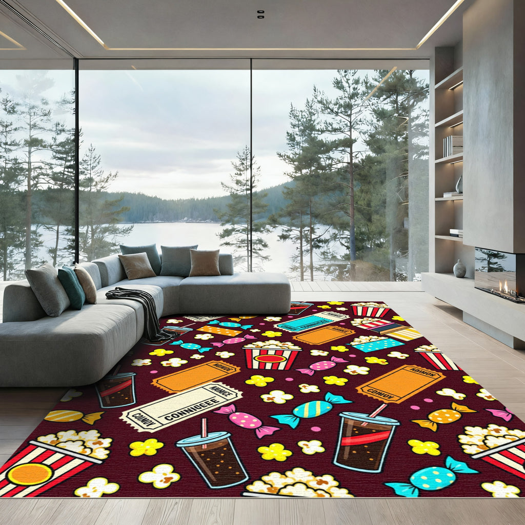 Playful Retro Cinema Snack Popcorn Collage Rug