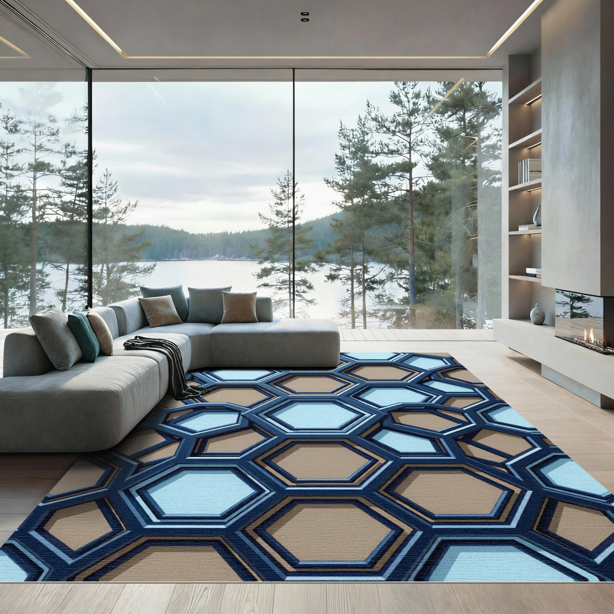 Modern Navy and Tan Geometric Hexagon Rug