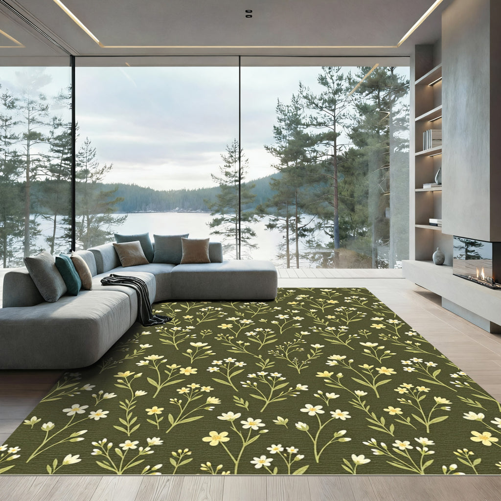 Olive Green Botanical Meadow Floral Rug