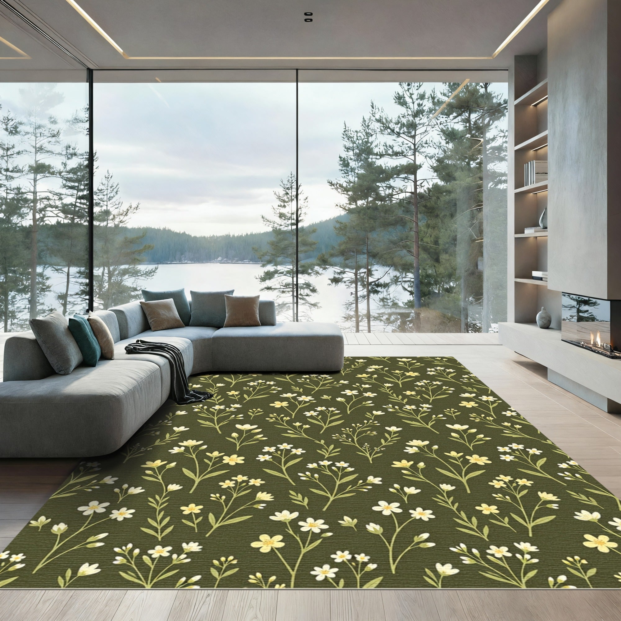 Olive Green Botanical Meadow Floral Rug