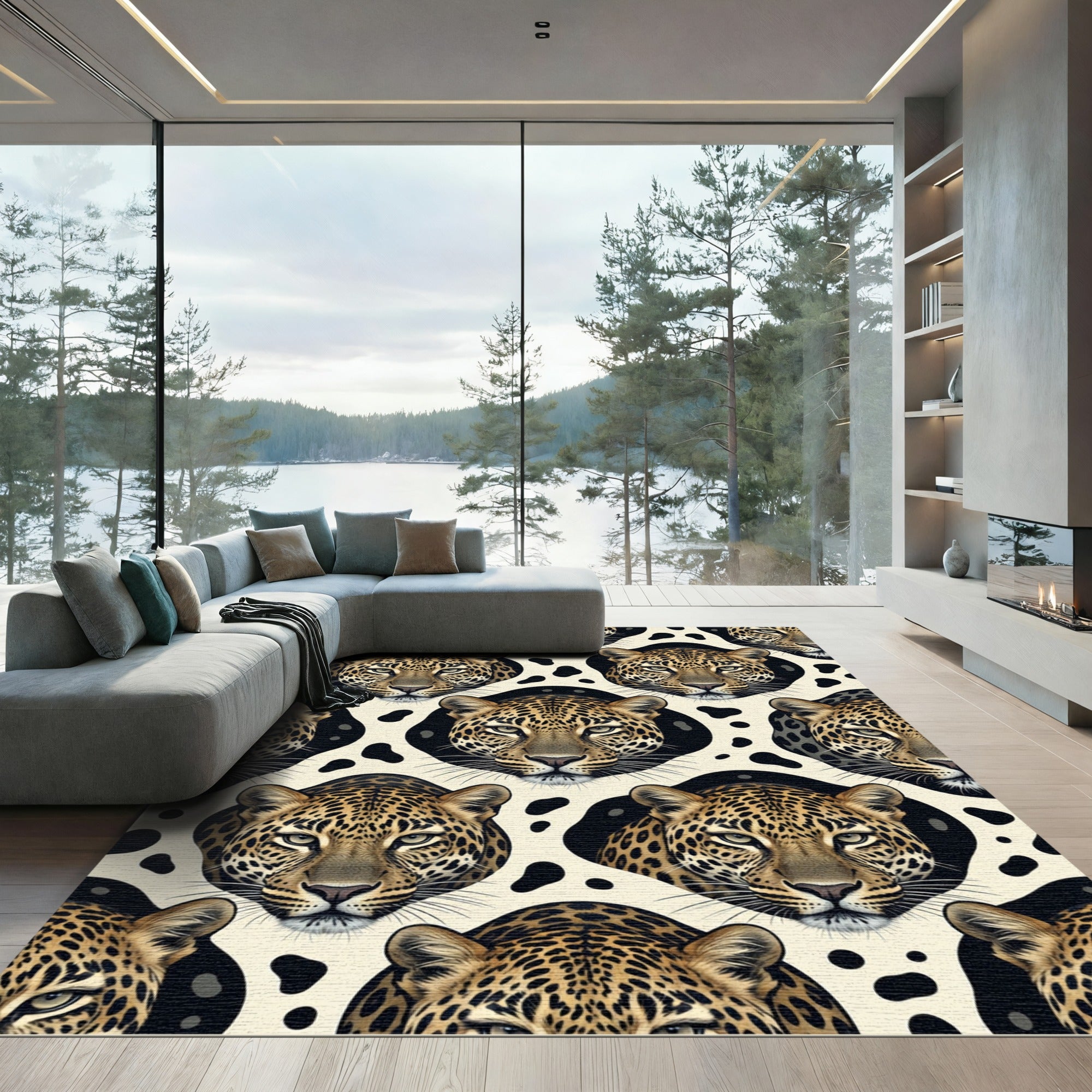 Bold Leopard Faces Cream Ground Rug
