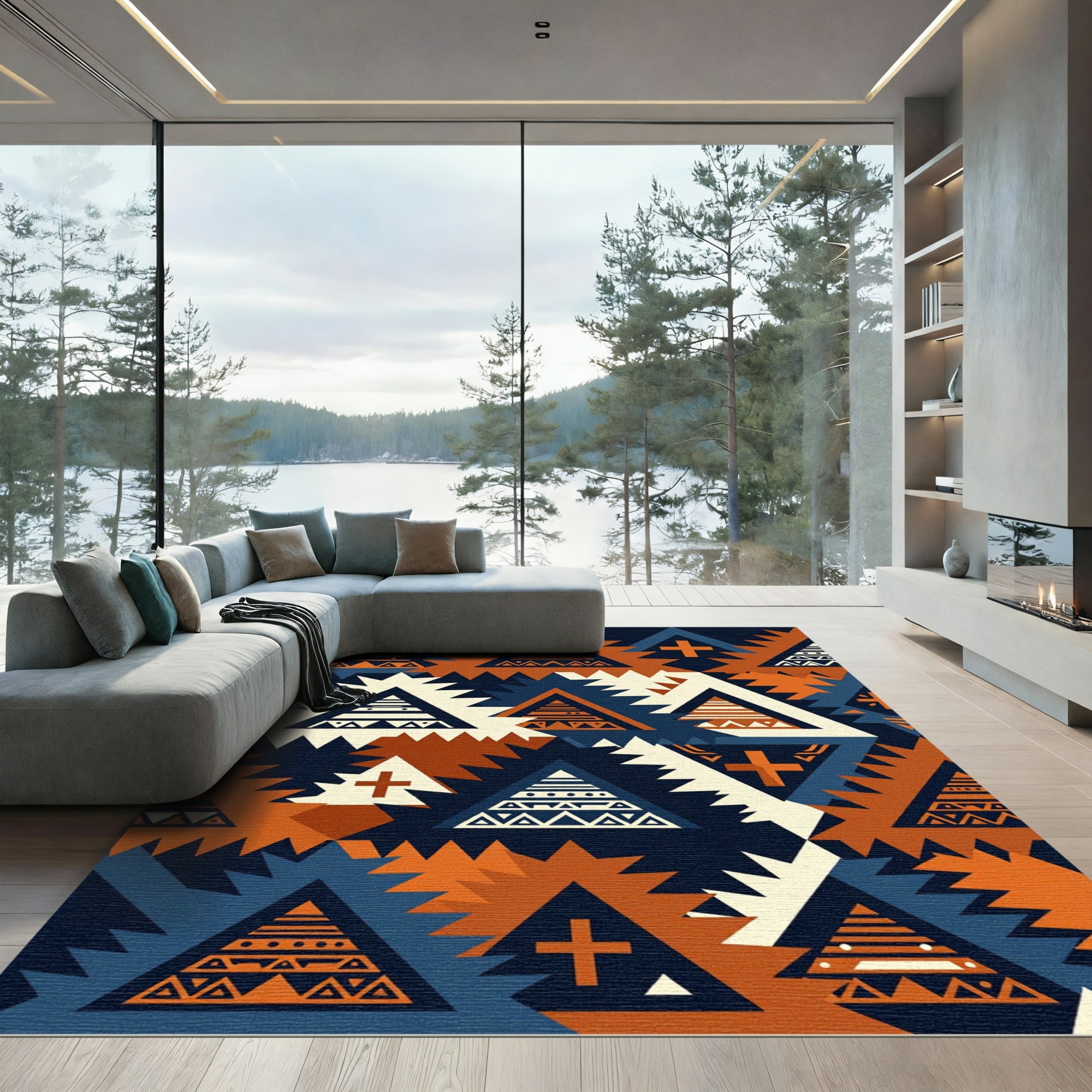 Geometric Navy and Copper Aztec Triangle Rug