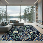 Elegant Navy Floral Paisley Swirl Rug