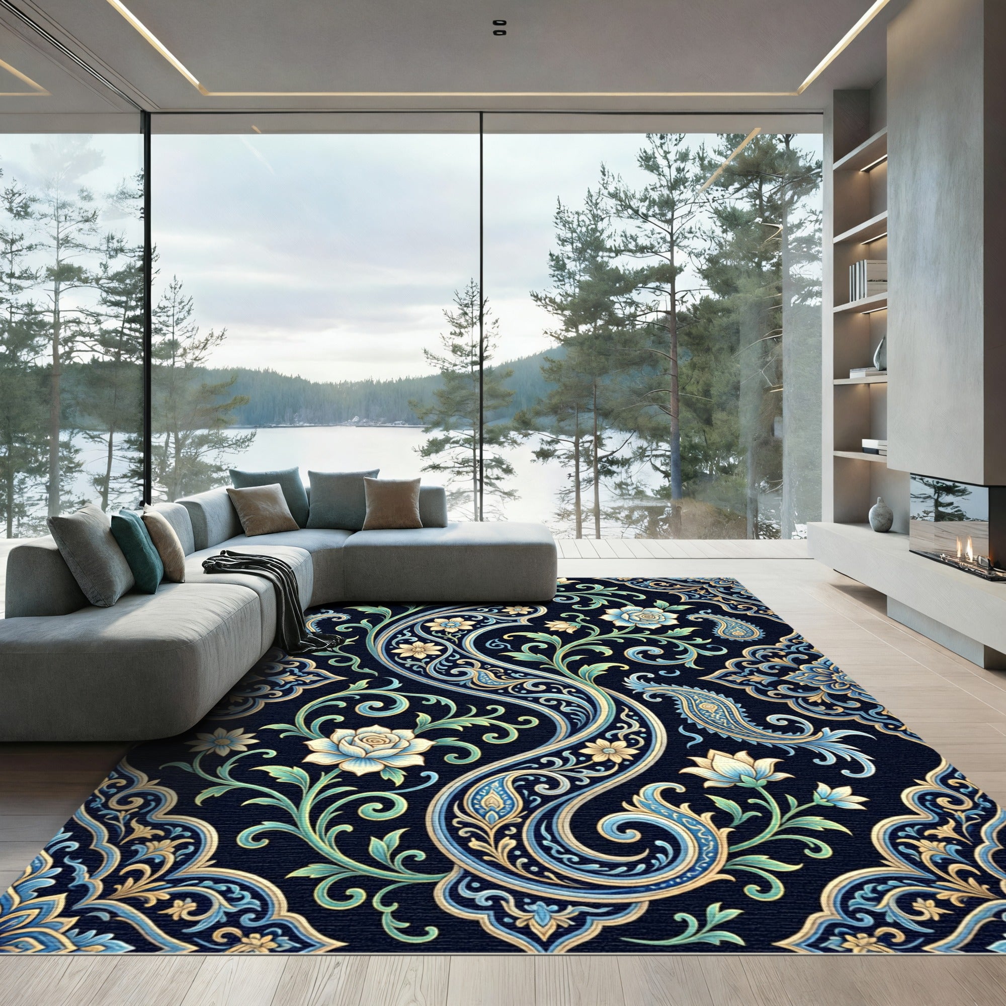 Elegant Navy Floral Paisley Swirl Rug
