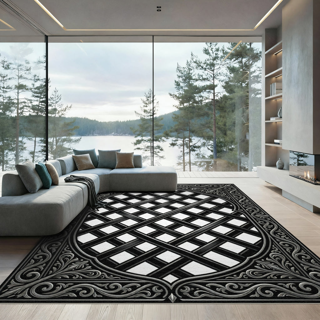 Ornate Black Intersecting Lattice Rug